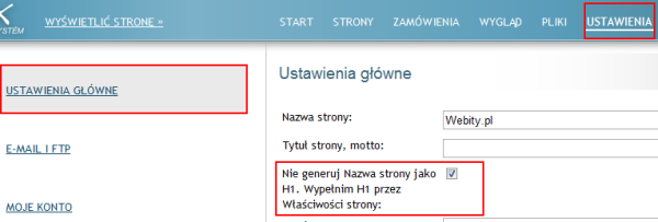 Ustawienia - Główne ustawienia - Nie generuj nagłówka h1 do szablonu wlasciwosci strony - kreator stron www Webity.pl