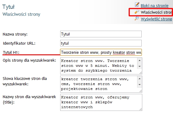 wlasciwosci strony - metatags for robots