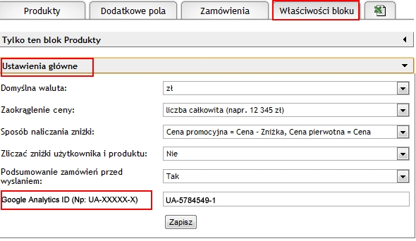 ustawienia w bloku Produkt