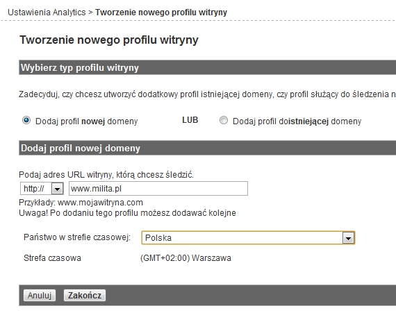 nowy profil witryny